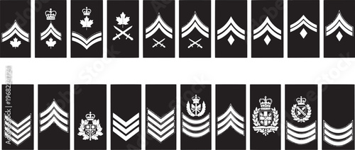 Detailed collection of military and police rank insignias, featuring symbolic chevrons, crowns, and emblems denoting hierarchical positions and command levels on uniforms