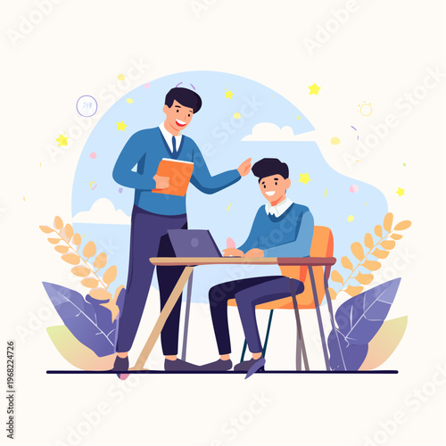 Inspiring illustration of a supportive mentor providing guidance and assistance to a young student actively engaged in online learning and personal development