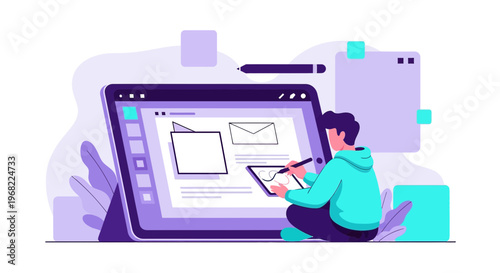 Graphic Designer Creating Digital Art on Tablet, UI UX Design Concept