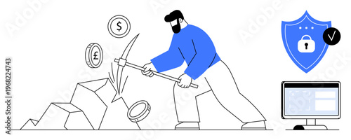Cryptocurrency. Cryptocurrency mining illustrated with a man extracting coins and a secure shield for cybersecurity . Cryptocurrency in financial growth, digital security, blockchain, online