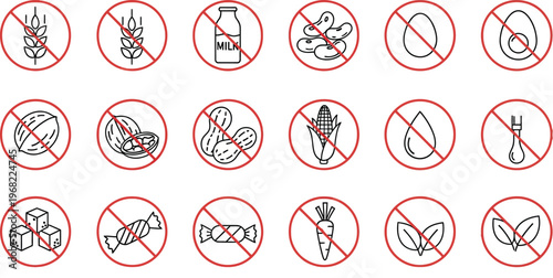 Set of black and white vector icons indicating dietary restrictions and exclusions