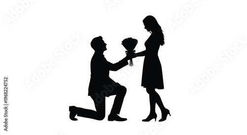 A romantic proposal scene featuring a couple shown in silhouette