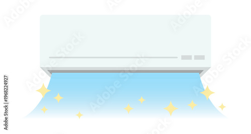 キラキラ付きの壁掛けエアコン冷房イラスト クリーニング後の清潔な空調状態を表すベクター素材
