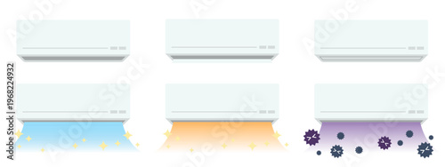 壁掛けエアコンの状態別イラストセット 吹き出し口の開閉・冷房・暖房・クリーニング前の汚れを説明する空調ベクター素材
