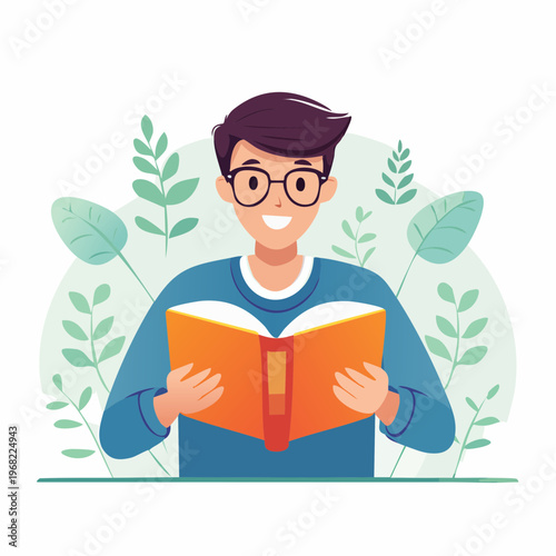 Happy Young Man Immersed in a Book, Embracing Knowledge and Relaxation A Charming Illustration of Reading for Personal Growth and Learning