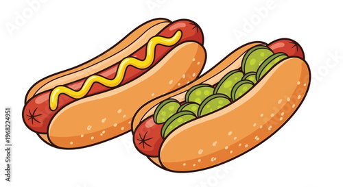Two colorful hot dogs with toppings a delightful food illustration silhouette
