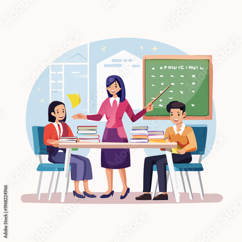 Dedicated educator facilitating a productive learning environment for enthusiastic students, emphasizing interactive teaching methods and skill development