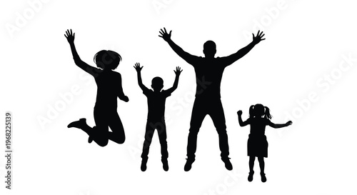 Family joyfully leaping in the air a dynamic black silhouette