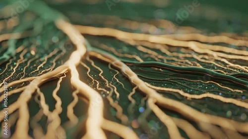Intricate roots forming organic network on green background  
