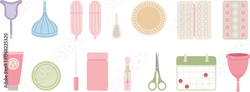 Flat feminine hygiene products illustration set featuring menstrual cup, tampons, pills, calendar tracking, medical tools and personal care essentials collection