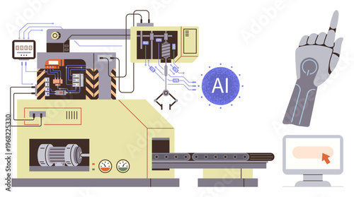 Industrial automation, robotics technology, AI applications, smart manufacturing, digital transformation, efficiency improvement. Robotic machine arm with AI symbol and interface. Industrial