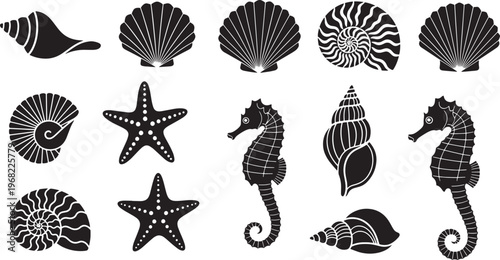 Elegant collection of diverse black and white marine life silhouettes, featuring intricate seashells, starfish, and graceful seahorses, perfect for oceanic design themes
