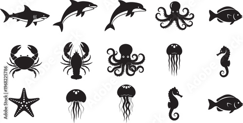 Dynamic collection of marine animal silhouettes, ideal for aquatic-themed designs, educational resources, and vector illustrations of diverse ocean inhabitants