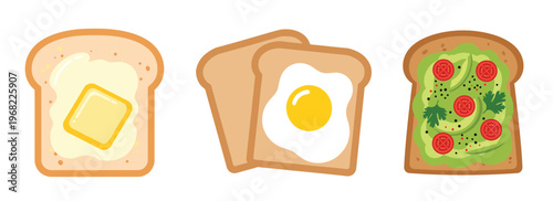 Assorted toasted bread slices with butter egg and pizza toppings.