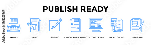 Publish Ready Banner Web Icon Set Collection Pack Vector Illustration Concept For Prepare Polished Content Layouts Ready For Final Publishing