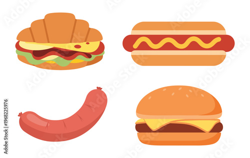 Four Fast Food Items Hamburger Hotdog Sausage Illustration.