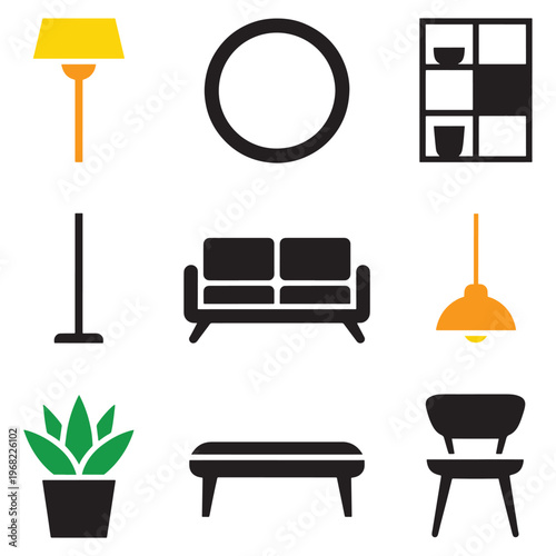 Simple black and white living room icons with a pop of yellow lighting fixtures