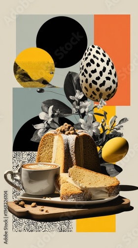 Modern pop art illustration of an Easter breakfast with coffee and eggs. graphic design, festive poster, contemporary style. Easter.