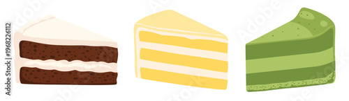 Three Layered Cake Slices In Chocolate Vanilla And Green Varieties.