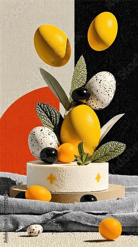 Minimalist still life of yellow Easter eggs and flowers in a white vase on a dark background. modern decor, spring aesthetic, floral arrangement. Easter.