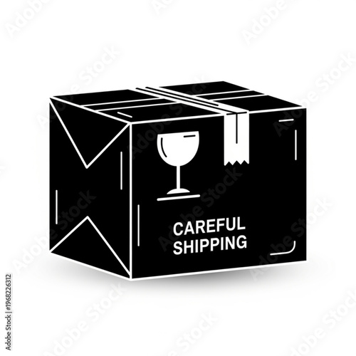 A black and white vector graphic illustration of a shipping box with a wine glass icon and careful shipping label