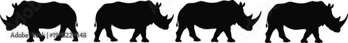 Rhinoceros silhouette set, wild animal collection, African wildlife illustration, big mammal poses, black rhino icons isolated on white background for design