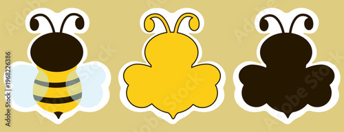 Honey bee clip art set of a detailed bee, a solid yellow silhouette with dark outline, and a solid dark brown silhouette. Minimalist insect elements for stickers, labels, and honey produce branding.