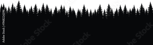 Pine forest silhouette landscape with evergreen trees, dense woodland horizon, nature scenery illustration isolated on white background, conifer tree line for design elements