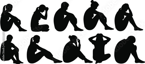 Set of depressed people silhouettes, sad sitting poses, mental health concept, stress anxiety and loneliness, emotional pain illustration isolated on white background
