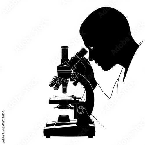 A silhouette of a scientist looking through a microscope in a laboratory setting
