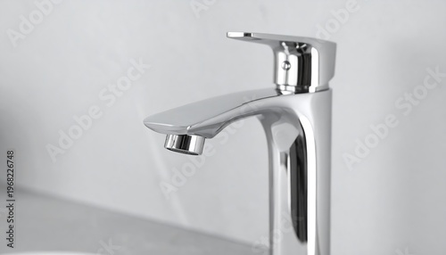 Close-up shot of a modern, shiny chrome faucet with a single lever. The image highlights the smooth, reflective surfaces and clean lines