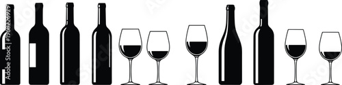Wine bottles and glasses silhouettes set, alcohol drink collection, beverage icons, winery and bar elements, black wine containers isolated on white background