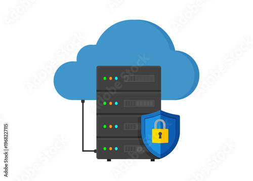 Secure Data Cloud Server Rack with Shield and Lock Stock Illustration.