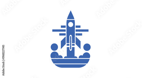 Blue Rocket Ship Launching with People Silhouettes, Space Exploration Concept.
