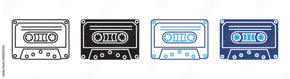 Fototapeta premium Old cassette icon set vintage audio tape symbols in outline and solid style vector illustration collection