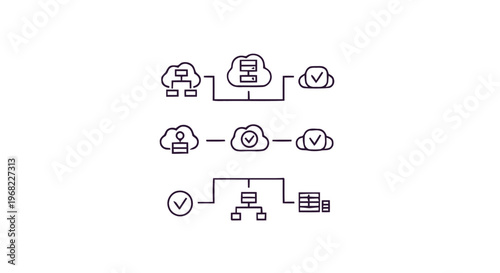 Cloud computing network diagram with data storage and servers.