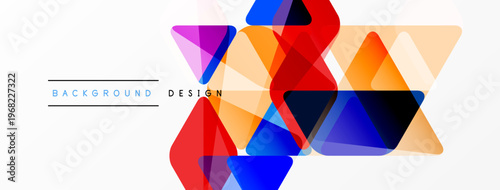 Abstract geometric shapes overlap, creating vibrant color blends. Design features triangles, squares, gradients, modern aesthetic.