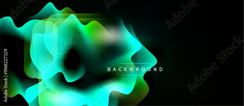 Abstract fluid shapes, vibrant turquoise, green hues. Dynamic composition over black background. Modern design element.