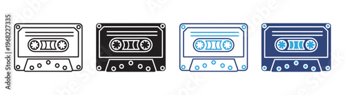 Old cassette icon set vintage audio tape symbols in outline and solid style vector illustration collection