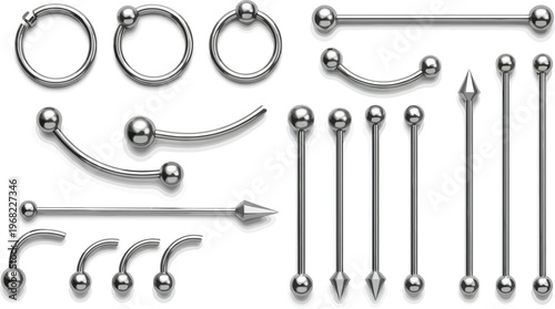 Vector illustration of various metal body piercing jewelry accessories set