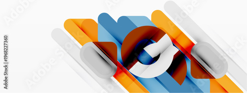 Abstract geometric shapes overlap, creating dynamic composition. Colors include orange, blue, brown, white. Modern design element.