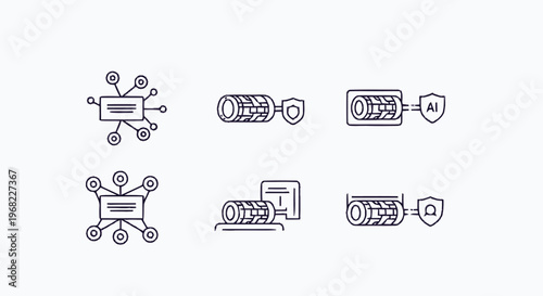 Collection of data protection and security icons in outline style.