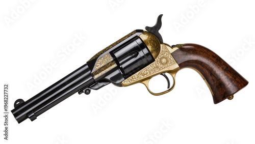 Ornate antique single-action revolver with polished steel barrel intricately engraved golden frame and rich walnut grip, isolated on transparent background for western themes