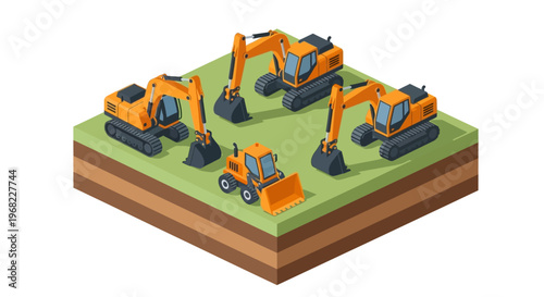 Isometric view of construction site with multiple excavators and bulldozers working on a tiered terrain