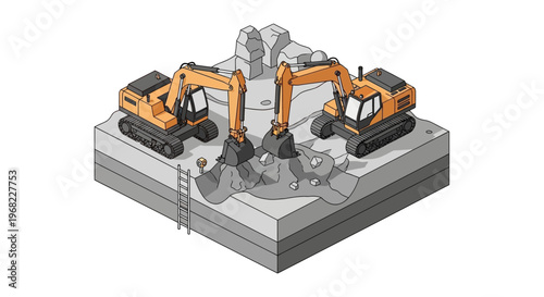 Construction site with excavators digging and moving earth in a quarry, illustrating heavy machinery and civil engineering projects