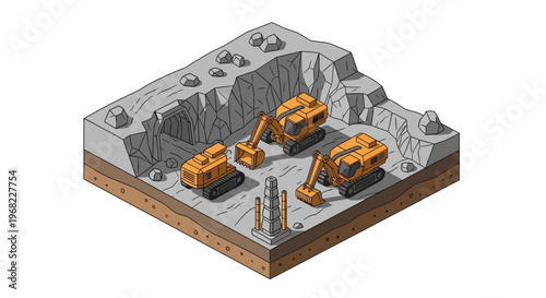 Isometric view of excavators and drilling equipment working on a construction site, illustrating earthmoving and excavation processes in mining and civil engineering projects
