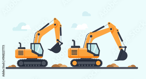 Two yellow excavators digging and moving earth on a construction site with a blue sky and clouds in the background, illustrating heavy machinery and civil engineering projects