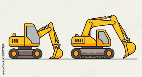 Two yellow excavators with tracks shown side by side, one smaller than the other, on a plain background. These machines are used in construction and earthmoving operations