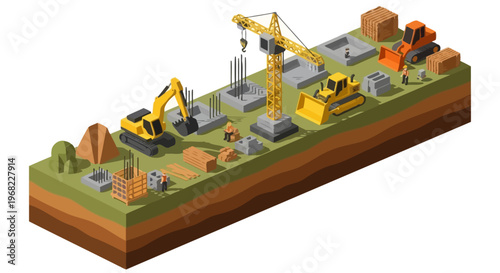 Construction site with heavy machinery, building materials, and foundation work in an isometric view