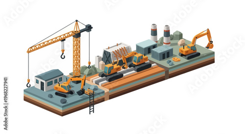 Construction site illustration with excavators and crane, industrial buildings, and heavy machinery at a development project